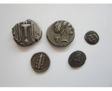 Italy 5th - 4th century BC,Ar (5) including Kroton stater, weighs 7.10g. O. tripod. R. similar, G.C.V 466;  Neapolis didrachm