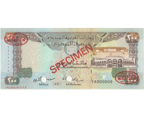 United Arab Emirates, Central Bank,200 Dirhams, 1989, 1A 000000, De la Rue seals and SPECIMEN stamped each side, punch-holes 