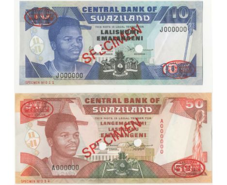 Swaziland, Central Bank,10 Emalangeni, J000000, 50 Emalangeni, A000000, 1990-92, both with De la Rue seals and SPECIMEN stamp