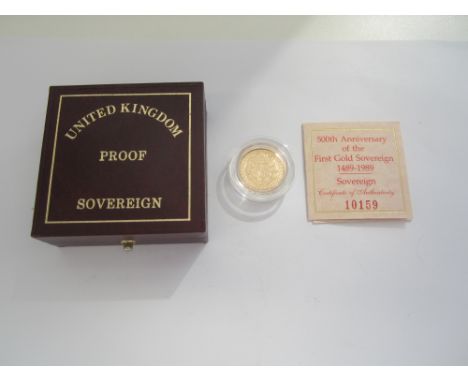 Elizabeth II, 1952-,Proof Sovereign, 1989, 500th Anniversary of the Sovereign, the queen seated in King Edward's Chair having