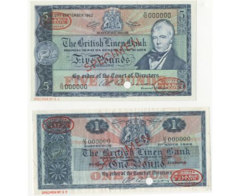 British Linen Bank,£1, 31 March 1962, U/3 000000, £5, 21 September 1962, D/12 000000, both with De la Rue seals and SPECIMEN 