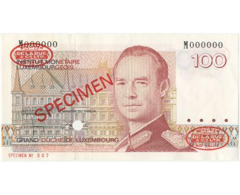 Luxembourg, Institute Monetaire Luxembourgeois,100 Francs, 1986, M000000, De la Rue seals and SPECIMEN stamped on each side, 