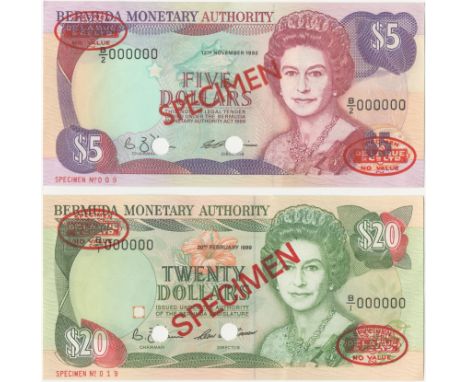 Bermuda, Monetary Authority,$20, 20 February 1989, B/1 000000, $5, 12 November 1992, B/2 000000, De la Rue seals and SPECIMEN