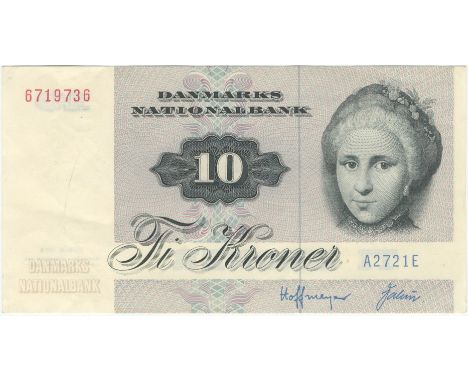 Denmark, Nationalbank,50 Kronor, 1972-76, A 0722C 000000, perforated SPECIMEN, 10 Kroner 1972, issued note (Pick 48a, 50s). G