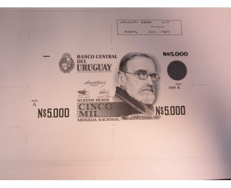 Uruguay,Banco Central, 5,000 Nuevos Pesos, uniface plate proof on paper, grey and black print, stamp top right ' Uruguay 5000