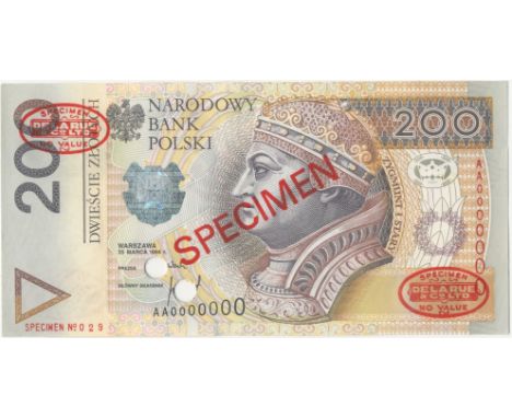 Poland, Narodowy Bank Polski,200 Zloty, 25 March 1994, AA 0000000, De la Rue seals and SPECIMEN stamped on each side, punch-h
