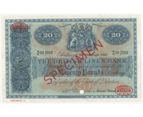 British Linen Bank,£20, 14 February 1962, G/5 00/000, De la Rue seals and SPECIMEN on each side, punch-hole through Anderson 