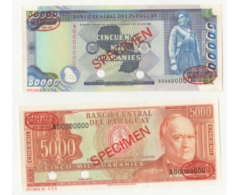 Paraguay, Banco Central,5,000 Guaranies, 1982, 50,000 Guaranies, 1990, both A 00000000, De la Rue seals and SPECIMEN stamped 