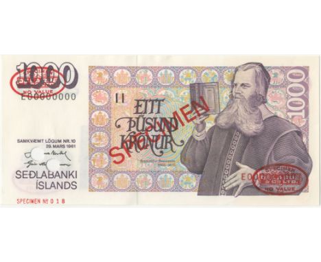 Iceland,Central Bank, 1000 Kronur, 1984-91, E00000000, De la Rue seals and SPECIMEN  stamped on each side, small punch-hole t