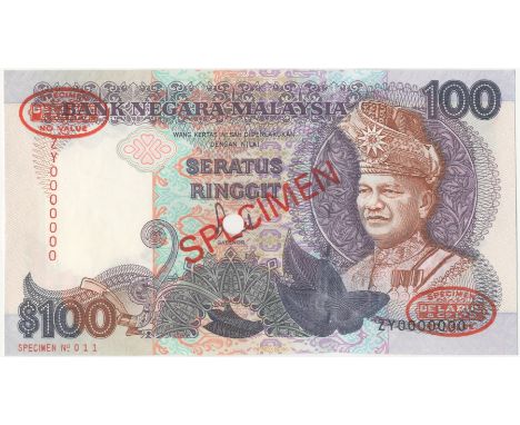 Malaysia, Bank Negara,100 Ringgit, 1989-92, ZY0000000, De la Rue seals and SPECIMEN stamped on each side, punch-holes through