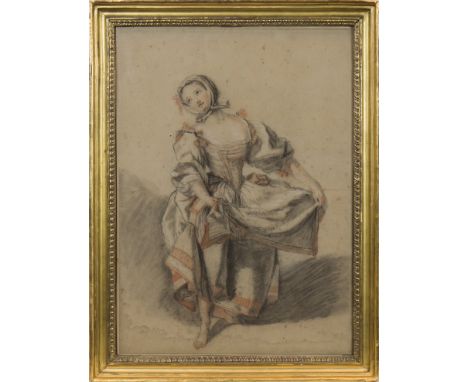 STUDIO OF FRANCOIS BOUCHER (FRENCH 1703 - 1770),YOUNG COUNTRY GIRL DANCINGblack, red and white chalk on greyish-buff50.5cm x 