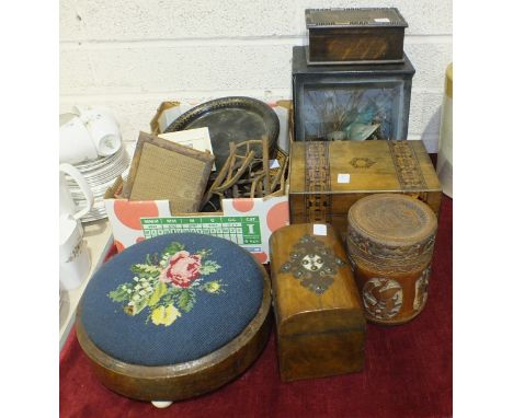 A walnut domed-top two-division tea caddy, 18cm wide, 12.5cm high, an inlaid work box, a circular upholstered-seat foot stool