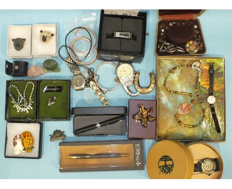 A lady's Rotary 9ct-gold-cased wrist watch (working), various costume jewellery, watches, a green hardstone owl and other ite