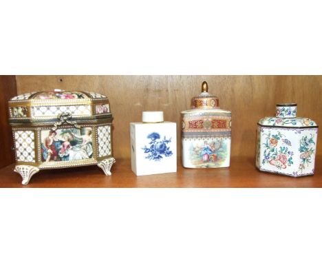A reproduction metal-mounted porcelain box and cover, 15cm high, 16cm wide, two modern porcelain tea caddies, a modern enamel