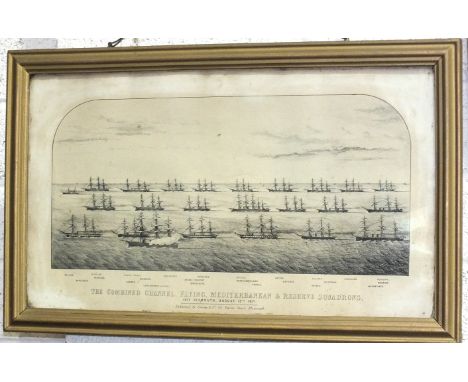 A framed black and white print 'The Combined Channel, Flying, Mediterranean &amp; Reserve Squadrons, off Plymouth, August 13t