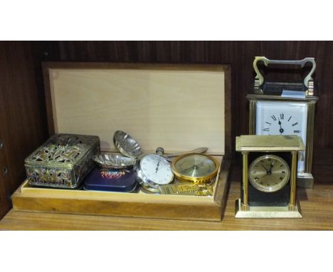 A brass carriage timepiece by Mappin &amp; Webb, 15cm high overall, a modern bagatelle board 34 x 20cm and miscellaneous item