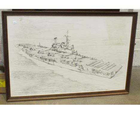 HMS Hermes, a large framed print of a pencil drawing, 69 x 105cm and a set of Decca 78RPM records "Winston Churchill - His Me