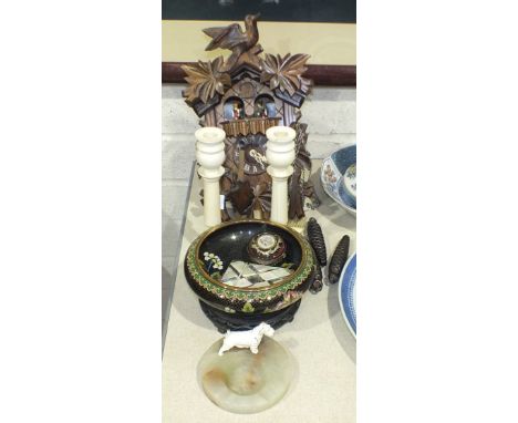 A modern Black Forest-style cuckoo clock, a cloisonné floral-decorated bowl, 20cm diameter, 6cm high, on wooden stand, a ruby