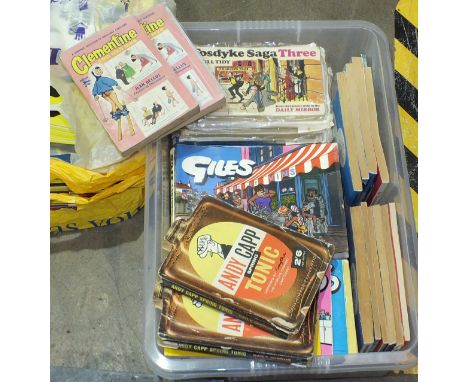 A large collection of magazines, annuals and comics, including Giles, Andy Capp, Gambols, Fosdyke Saga, Doctor Who Classic Co