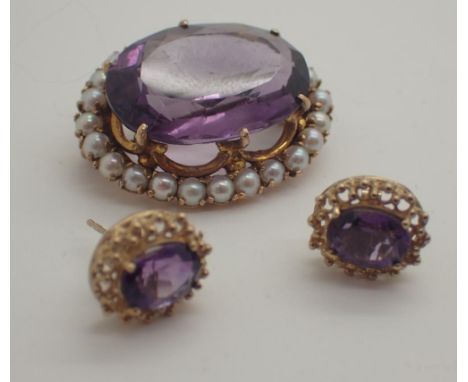 9ct yellow gold amethyst stone and seed pearl set brooch and matching earrings, total weight 11.9g