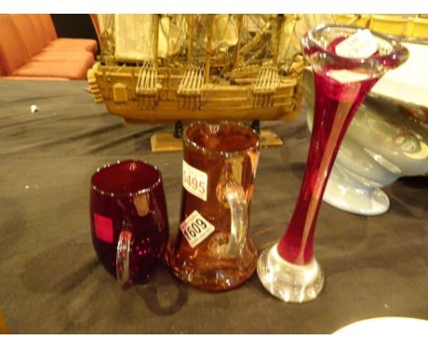 Victorian cranberry glass jug, Whitefriars rose glass and a handmade ruby red glass jug
