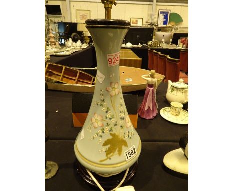 Victorian glass table lamp on wooden stand floral decoration on blue background CONDITION REPORT: This item has not been test