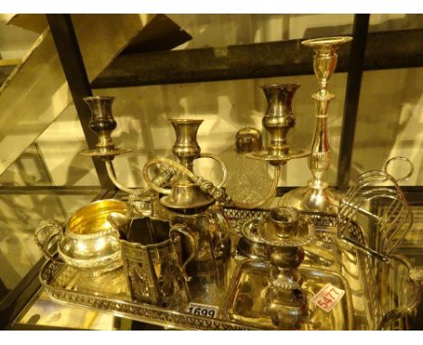 Collection of silver plated items including candelabra and a part tea set