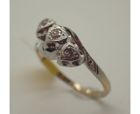 18ct gold and platinum vintage three stone diamond ring with heart shaped setting, size K/L