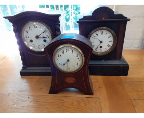 Three mantle clocks to include an Edwardian mahogany, inlaid clock and a black slate clock, Location: LAF 
