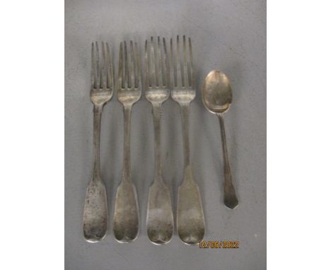 Silver flatware comprising two Georgian and two Victorian table forks, and a London hallmarked spoon, table weight 304.9gLoca