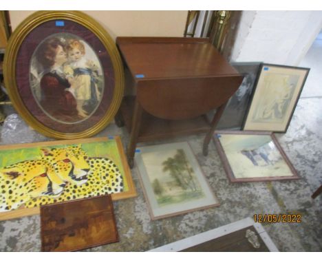 A mixed lot to include binoculars, costume jewellery, mahogany drop flap tea trolley, various pictures to include a study por