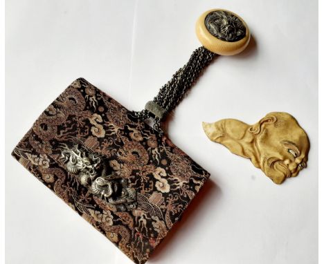 A Meiji period Japanese white metal, fabric and bone effect tobako-ire (tobacco pouch) and plaque possibly used as a scoop, w