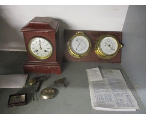 An early 20th century pink marble cased mantle clock, with a few clock parts and a Sewills thermometer and barometer set, mou