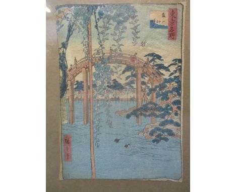 After Utagawa Hiroshige - Meiji period woodblock print on linen paper 'Inside Kameido Teryin Shrine' 28cm x 19cm, mounted in 