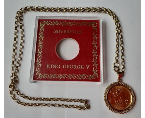 A 1931 George V South African gold sovereign in a mount on a 9ct gold open link chain, 20.78gLocation: Cab 