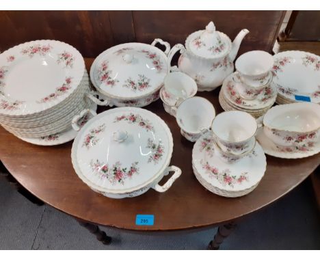 A Royal Albert Lavender Rose dinner and tea service to include eight tea cups with saucers, two tureens with lids, six entrée