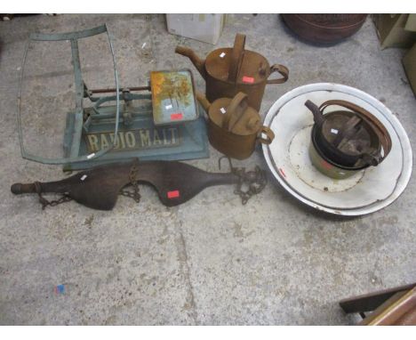 A lot of kitchen and garden items to include a large Radio Malt blue painted iron scales, wooden yoke with iron chins, enamel