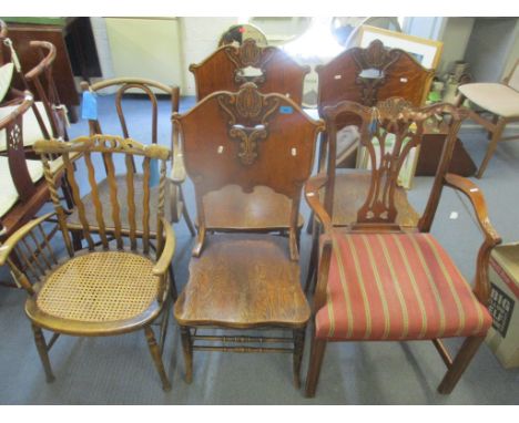 Mixed chairs to include three early 20th century press back chairs, Chippendale style carver and others 