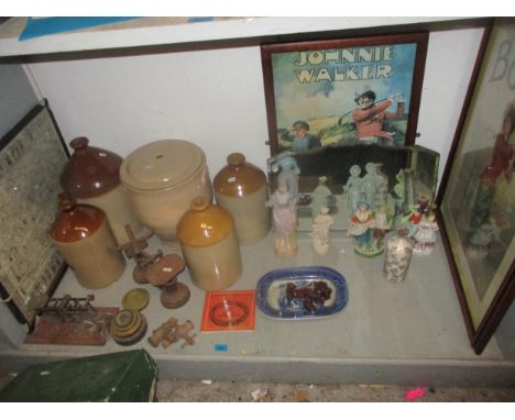A mixed lot to include stoneware jars, reproduction golfing advertising prints, a wall mirror, scales and weights, mixed cera