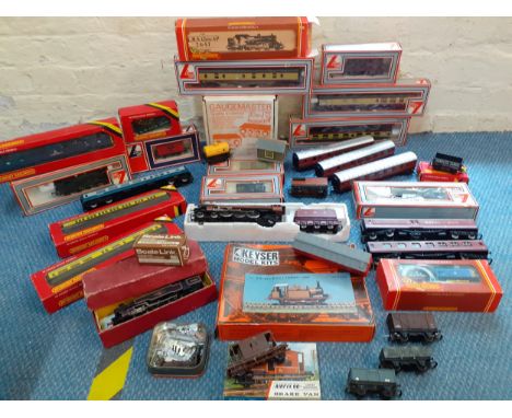 Hornby and Lima, a Duchess of Sutherland engine, a GWR engine and many carriages together with a Keyser Model Terrier Tank ki