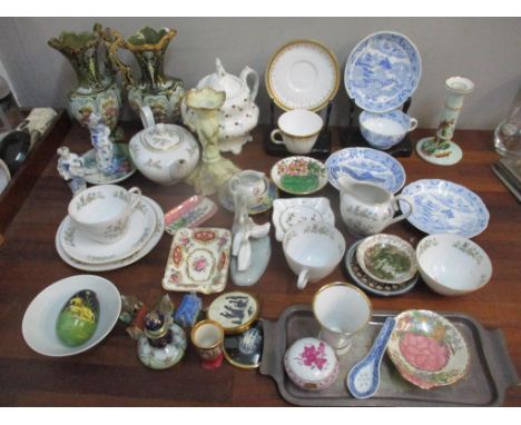 A mixed lot to include a Royal Worcester cut and saucer, Victorian teapot, Grainger Worcester blue and white ceramics, Nao an