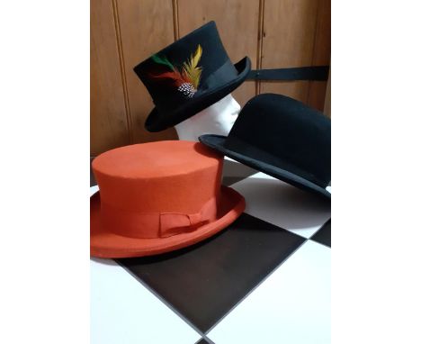 Two Major Wear 'Deadman Dressage' 100% wool, formal hats in black with feather adornment and pillar box red,. both size M, in