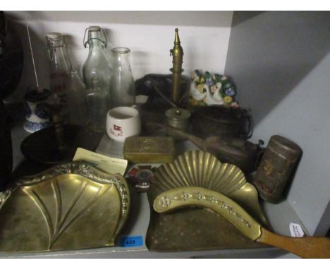 A mixed lot to include a brass candle lamp, 1914 Christmas tin with motor car ration books, The Order of The Road 25 Year Dri