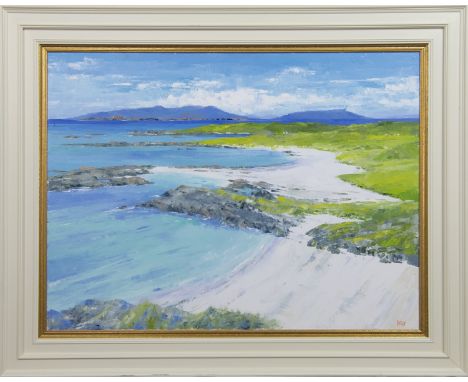 ERNI UPTON FRSA, SANNA BAY, WEST ARDNAMURCHAN, SMALL ISLE DISTANT oil on canvas, signed, titled verso image size 76cm x 102cm