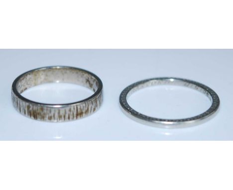 Two wedding bands, being an 18ct white gold 3.6mm straight edge band with bark finish, size K½, gross weight 3.2g, hallmarked