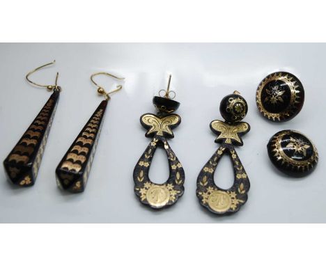 A pair of Victorian gold pique tortoiseshell obelisk ear pendants, 4.5cm; together with a pair of pierced pear shape examples