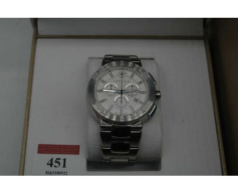 A gent's Versace chronograph steel cased quartz wristwatch, having a textured white dial with baton markers, three subsidiary