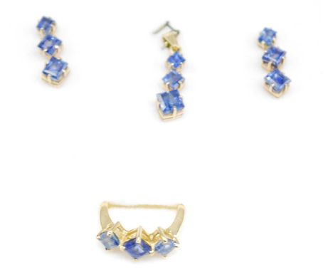 A yellow metal sapphire suite of jewellery, featuring a pair of yellow metal abstract drop earrings, each with three graduate