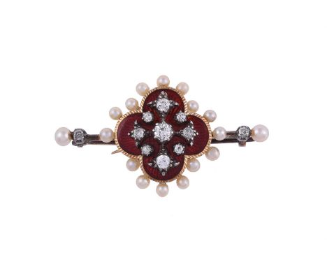 
	
		AN EDWARDIAN AND LATER DIAMOND, CULTURED PEARL AND ENAMEL BROOCH
		The brooch with a central red enamelled quatrefoil wi