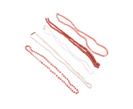 
	
		Y&nbsp;A SMALL COLLECTION OF CORAL, SEED PEARL AND CULTURED FRESHWATER PEARL NECKLACES
		The first a string of mid 19th 